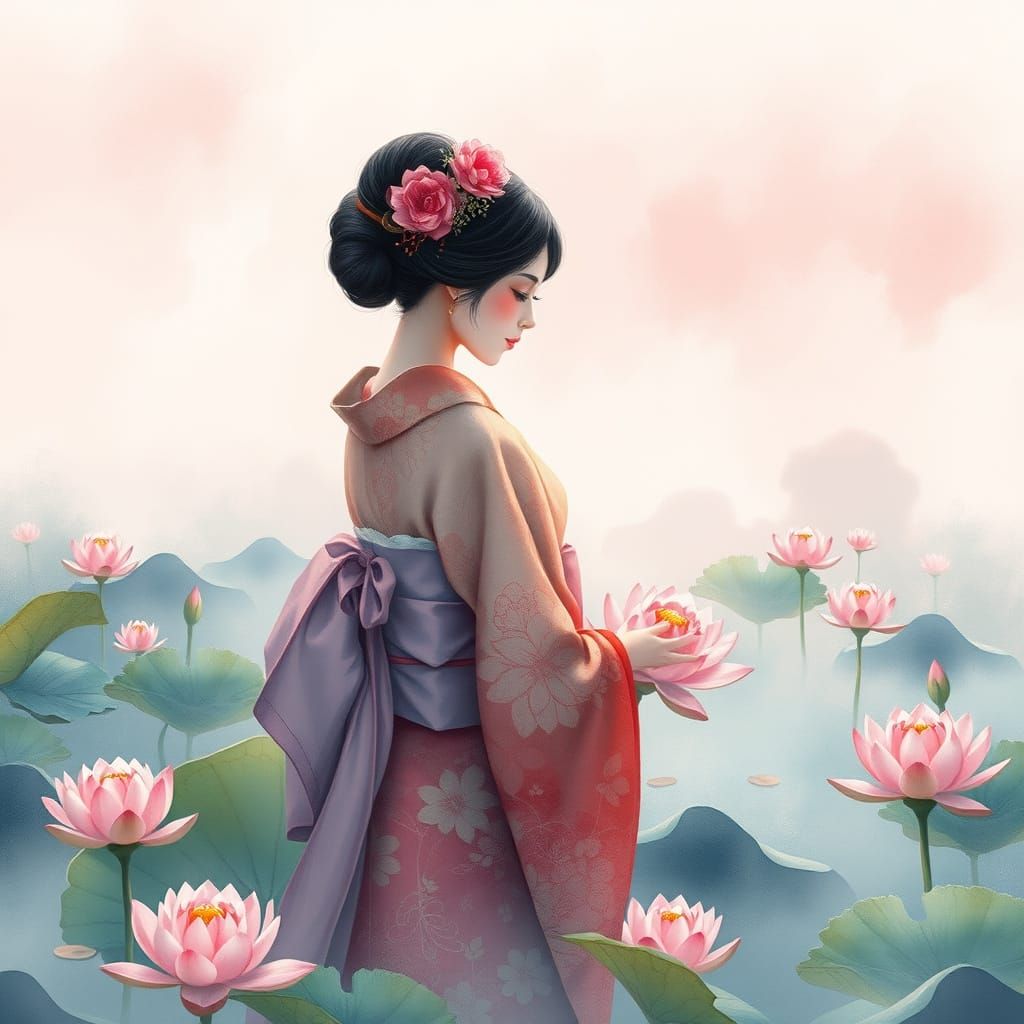 Geisha and Lotus Pond in Watercolor Style