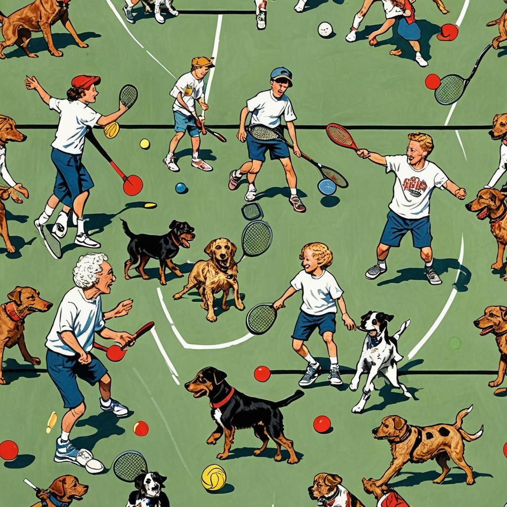Puppies play enthusiastic pickleball, sunny, Norman Rockwell, Keith Haring, folk art, 🐶🏸