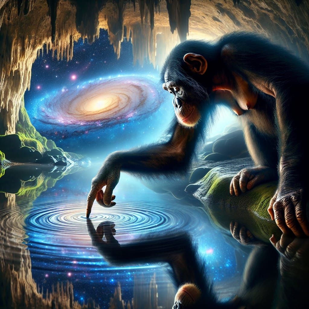 Bonobo Touching Reflection in Radiant Cave