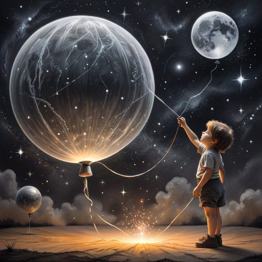 Child Inflates Planet Balloon in Surreal Charcoal Drawing