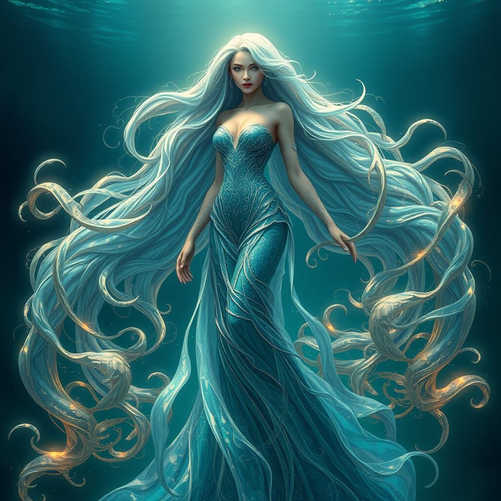 Majestic Goddess of Water in Ethereal Aquatic Style