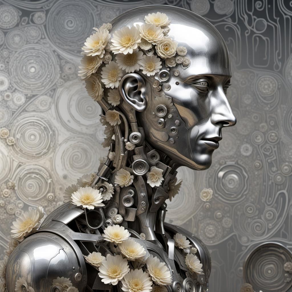 Sad Silver Robot in Klimt-Beksinski Style with Flowers
