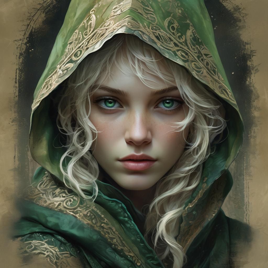 Mysterious Emerald-Eyed Figure in Dark Fantasy Style
