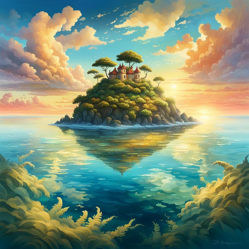 Dreamlike Enchanted Island in Vibrant, Golden Light