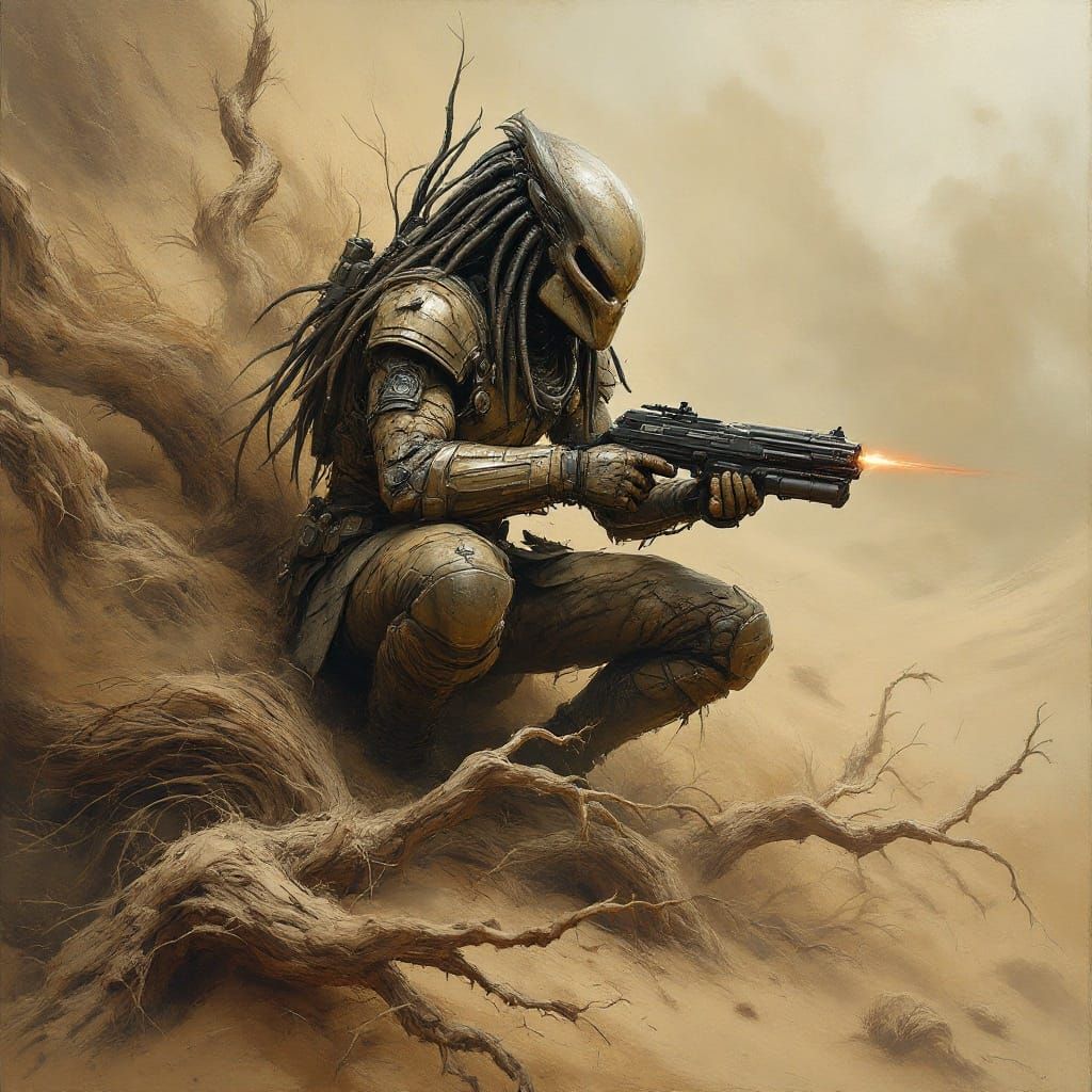 Predator Squats on Ancient Alien Plant in Dramatic Oil Paint...