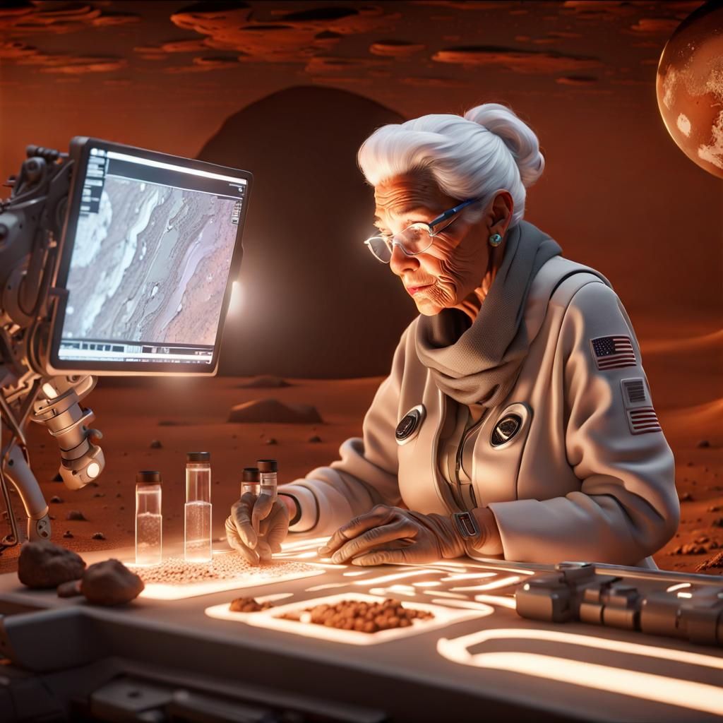 Cyborg Grandma Studies Mars Soil in 8K
