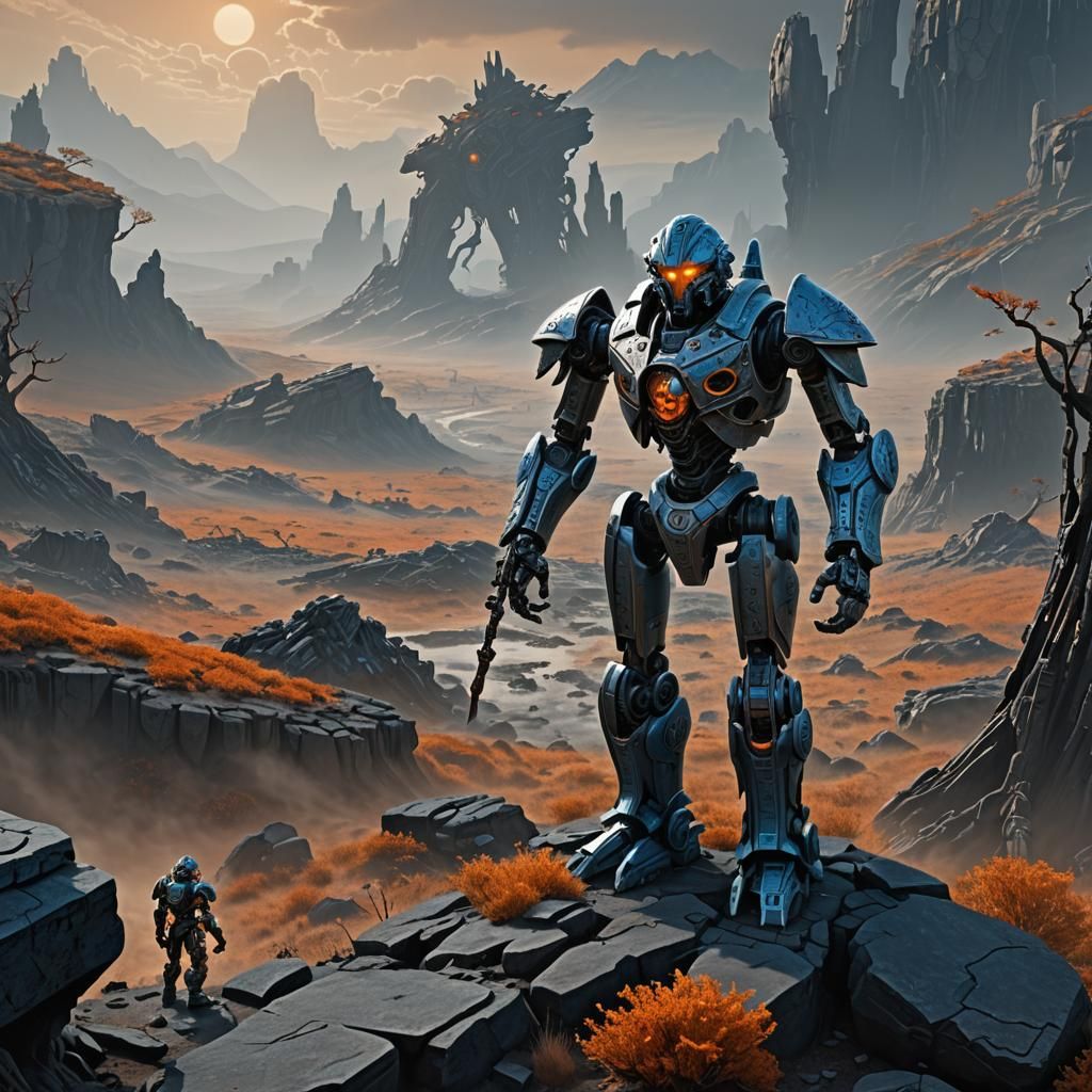 Bionicle on Cratered Moor in Eerie Sunlight