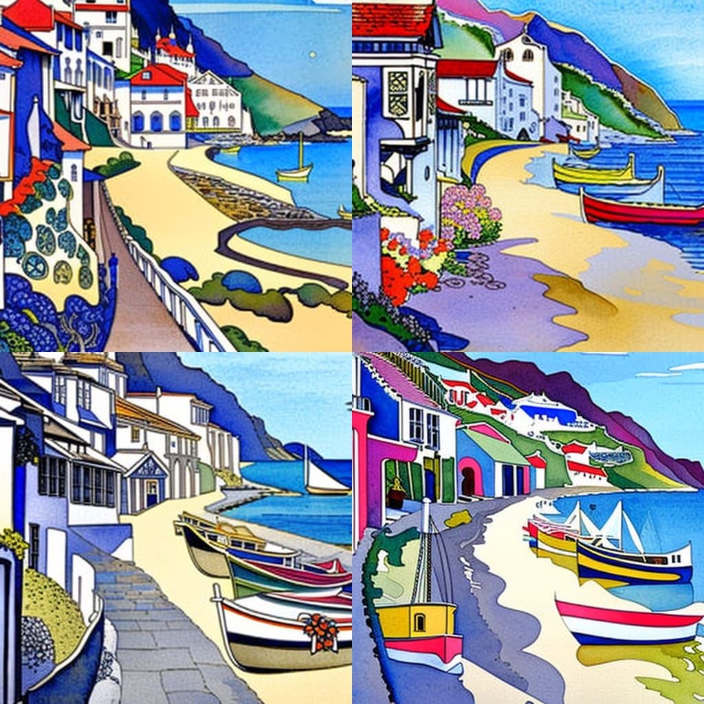 Madeira Flower Island Village in Watercolor Style