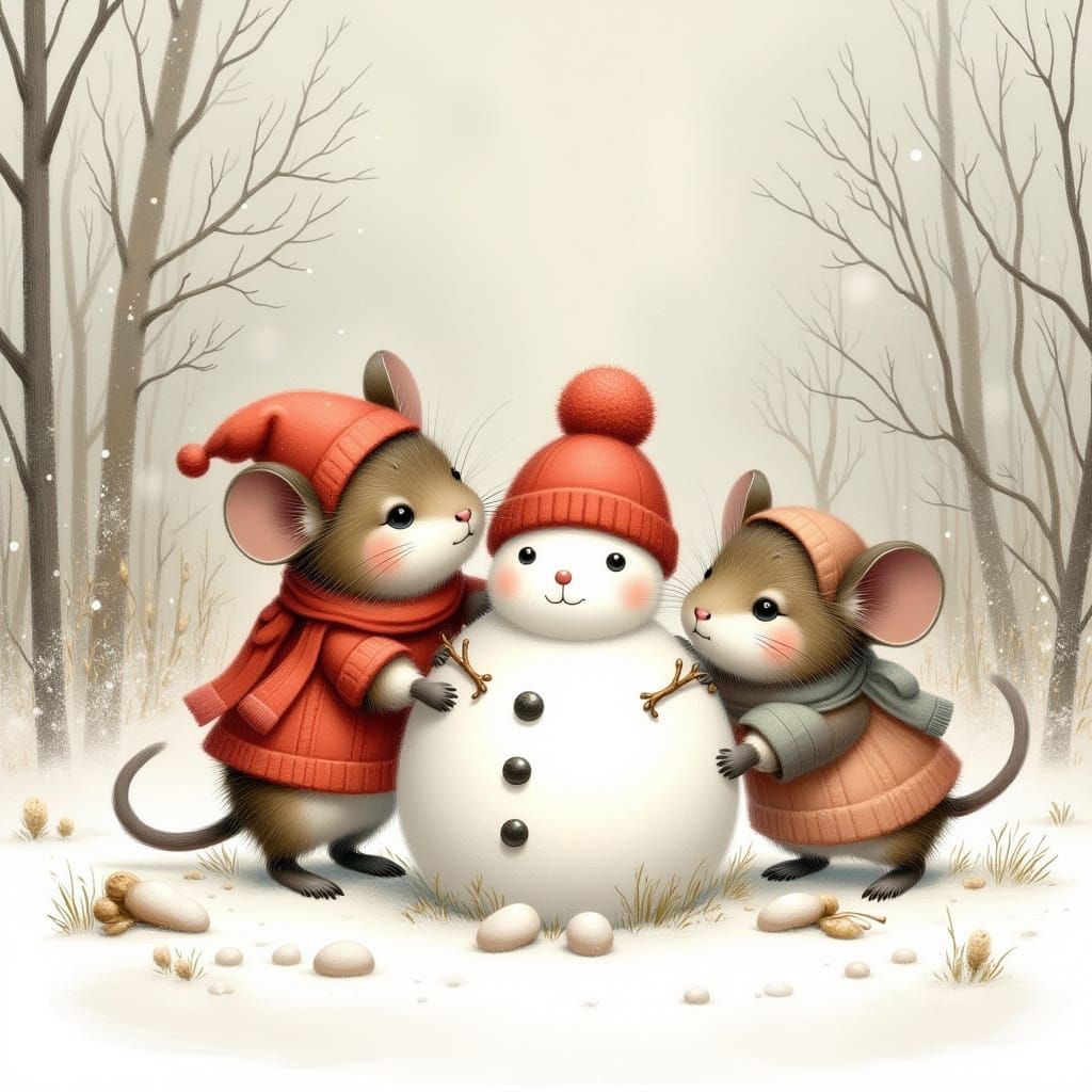 Cute Mice Build Snowman in Whimsical Winter Scene