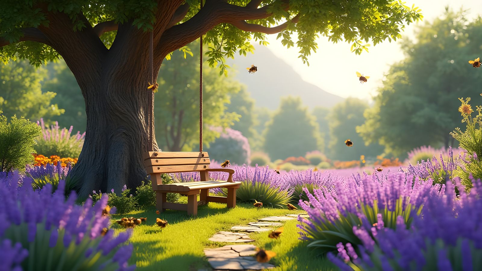 Peaceful Garden Oasis with Vibrant Lavender Field and Swingi...