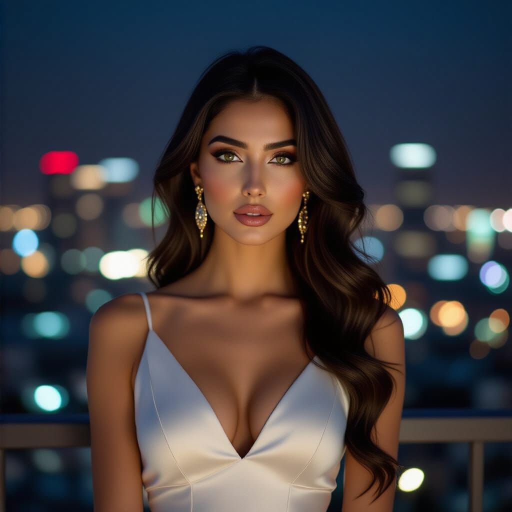 Stunning Persian Woman on Balcony Overlooking City Lights