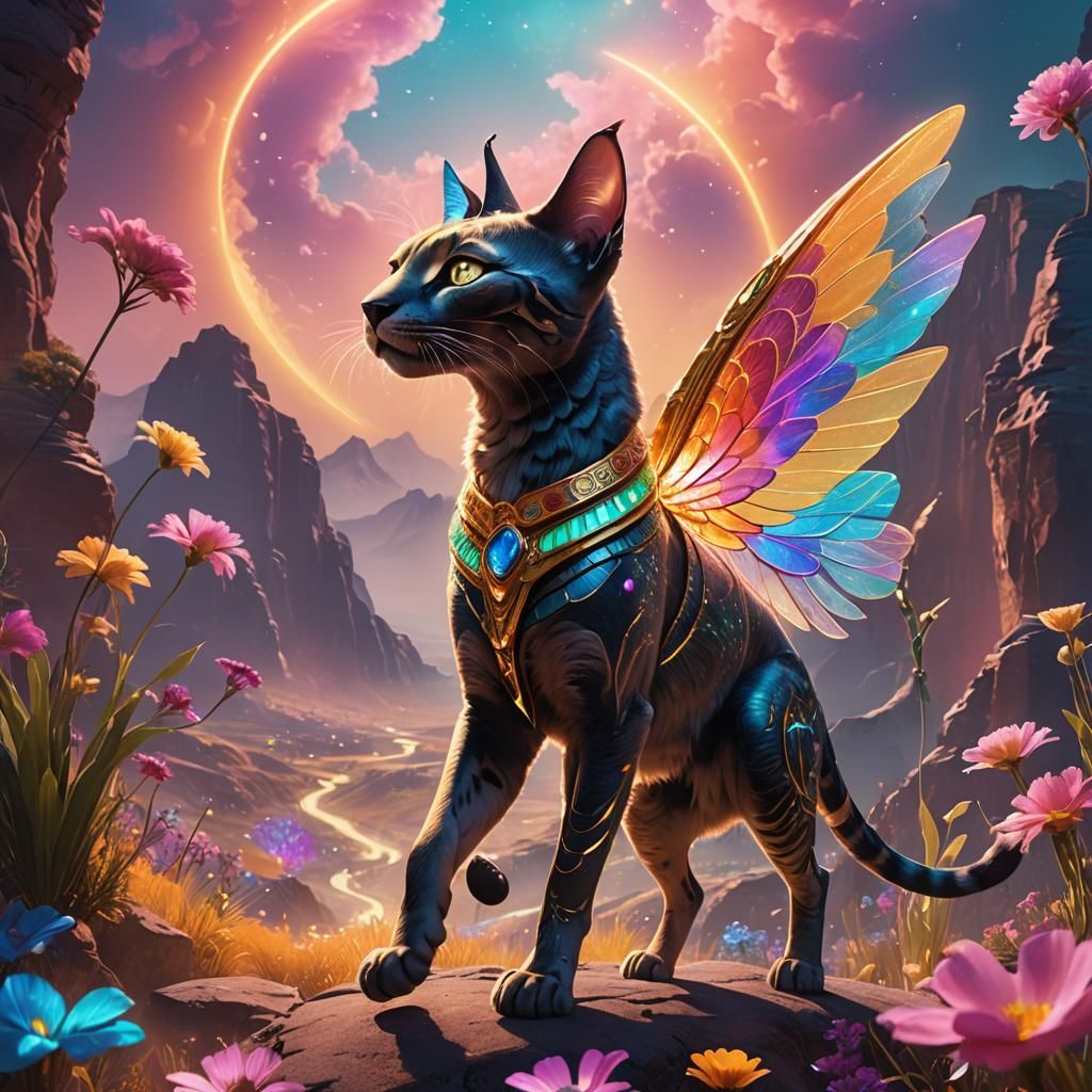 Bastet Prancing in a Fluorescent Valley: Surrealist Matte Pa...