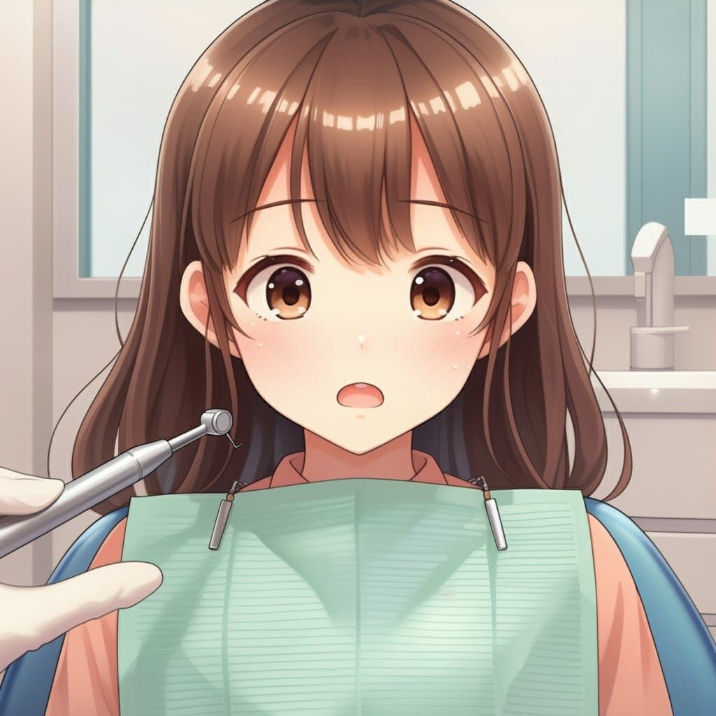 Girl at Dentist in Anime Watercolor Style