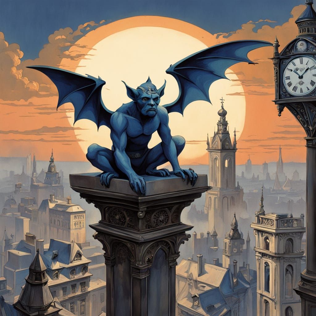 Gargoyle on Art Nouveau Clock Tower at Dual Sunset