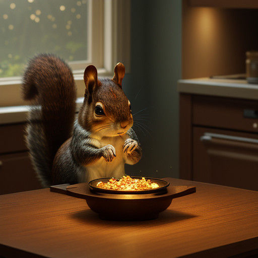 Cinematic Holographic Squirrel Projection on Kitchen Table