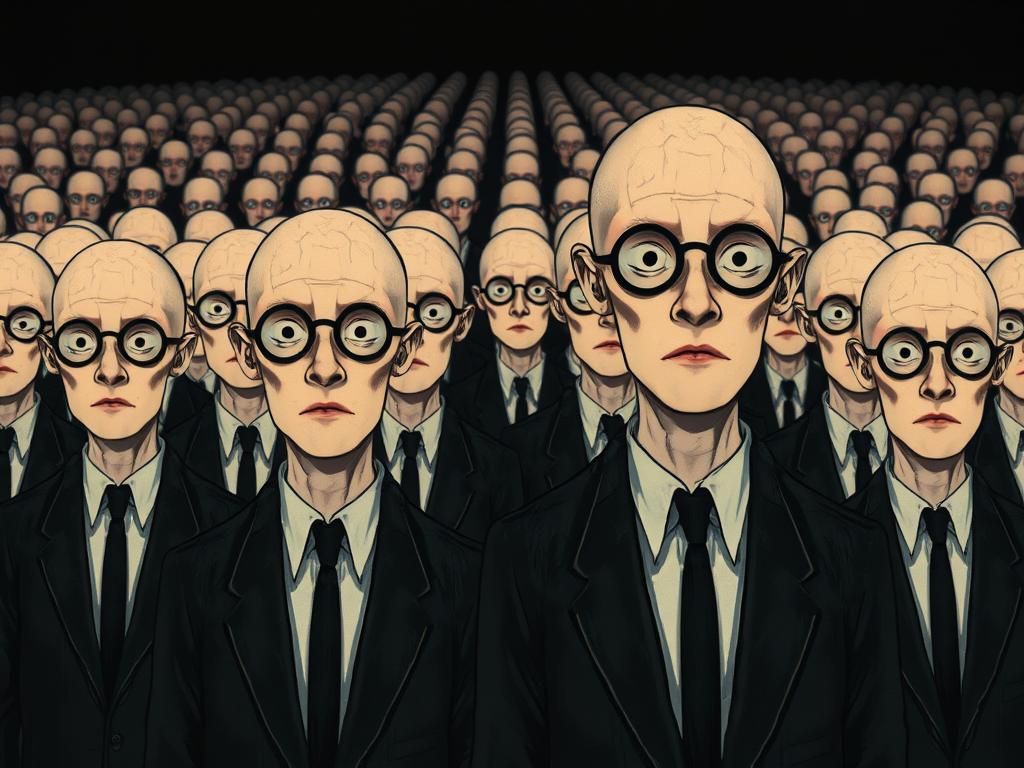Eerie Crowd of Identical Figures in Suits