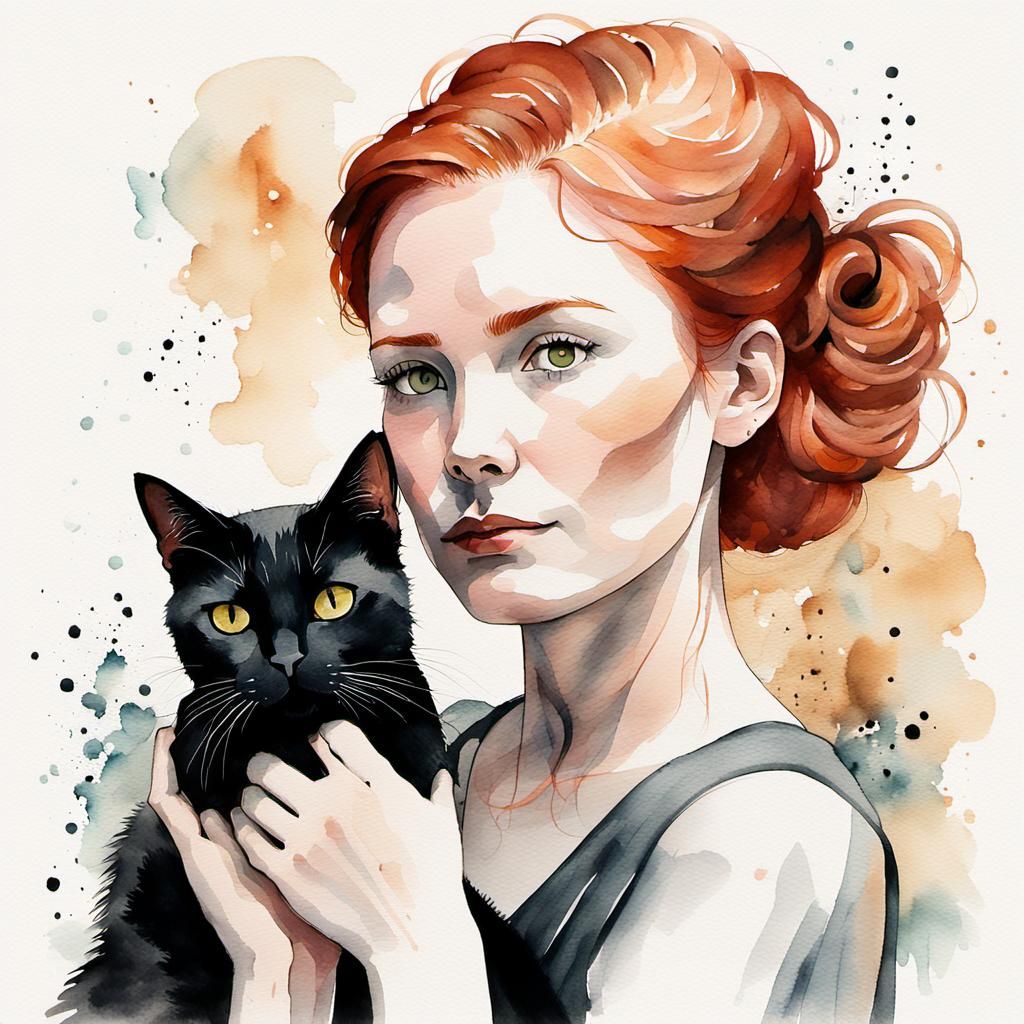 Watercolor Portrait of Woman with Cat, Dreamy Style