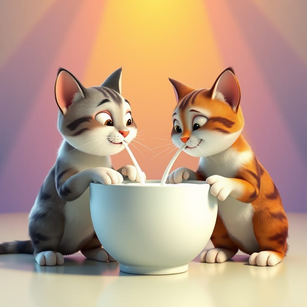 Cute Pixar Cats Share a Bowl of Milk in a Bright Colorful Ba...