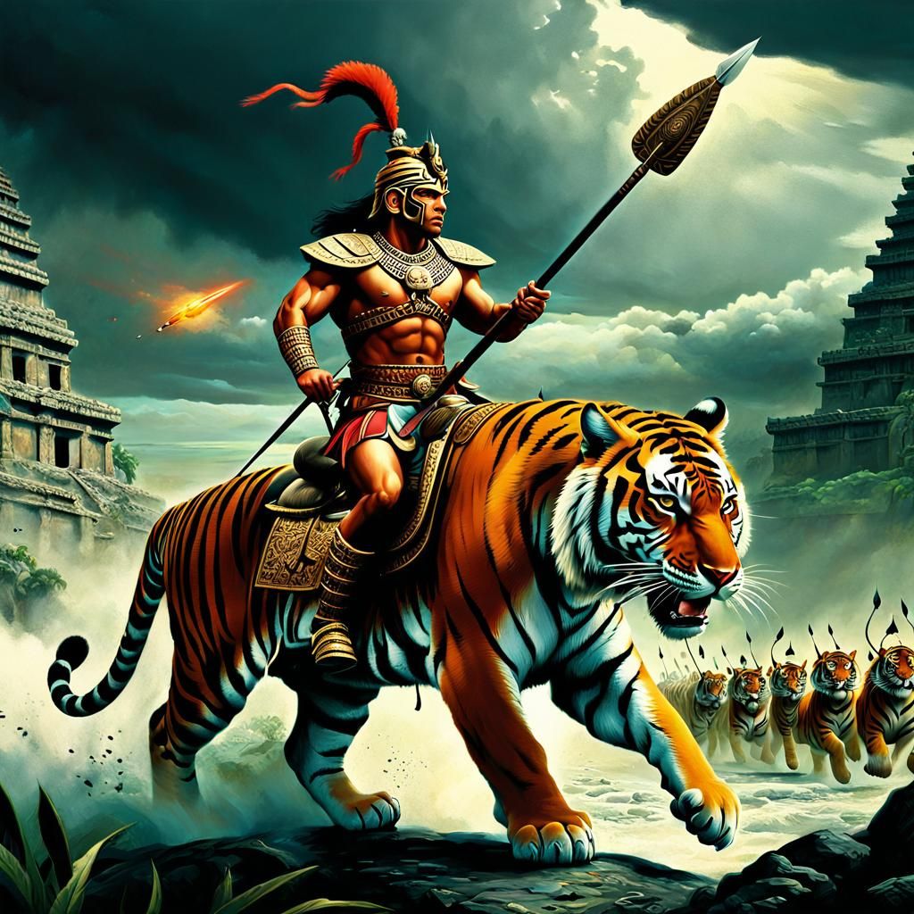 Mayan Warrior Rides Tiger in Epic Battle