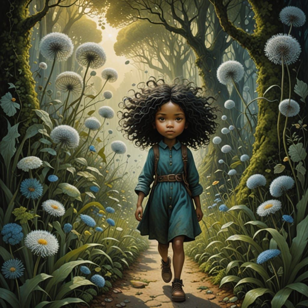 Miniature Girl in a Surreal Wild Garden with Giant Dandelion...