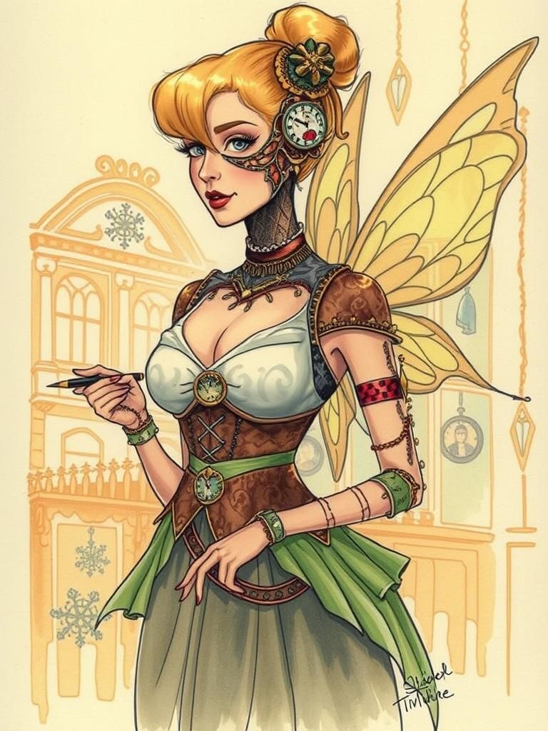 Clockpunk Tinkerbell in Victorian Outfit, Art Nouveau Style