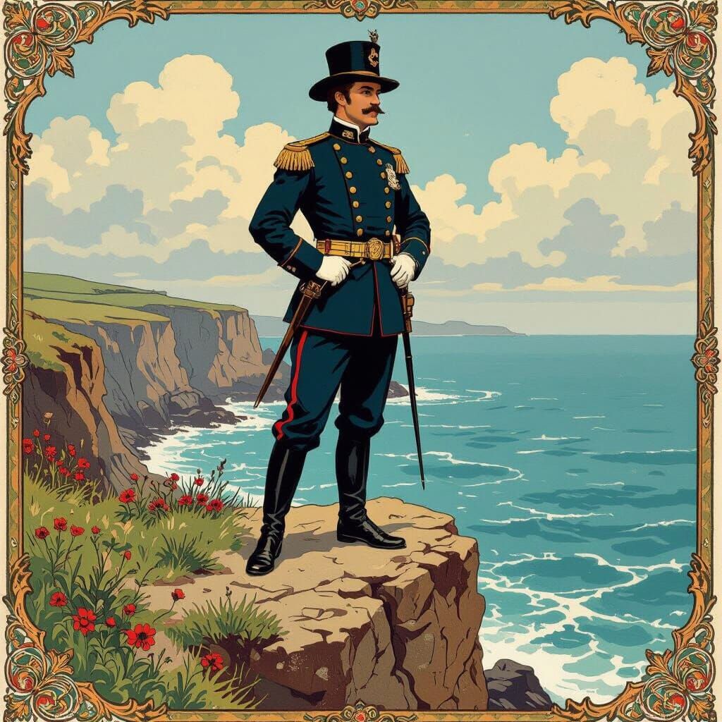 Victorian Policeman on Seaside Cliff in Operetta Style
