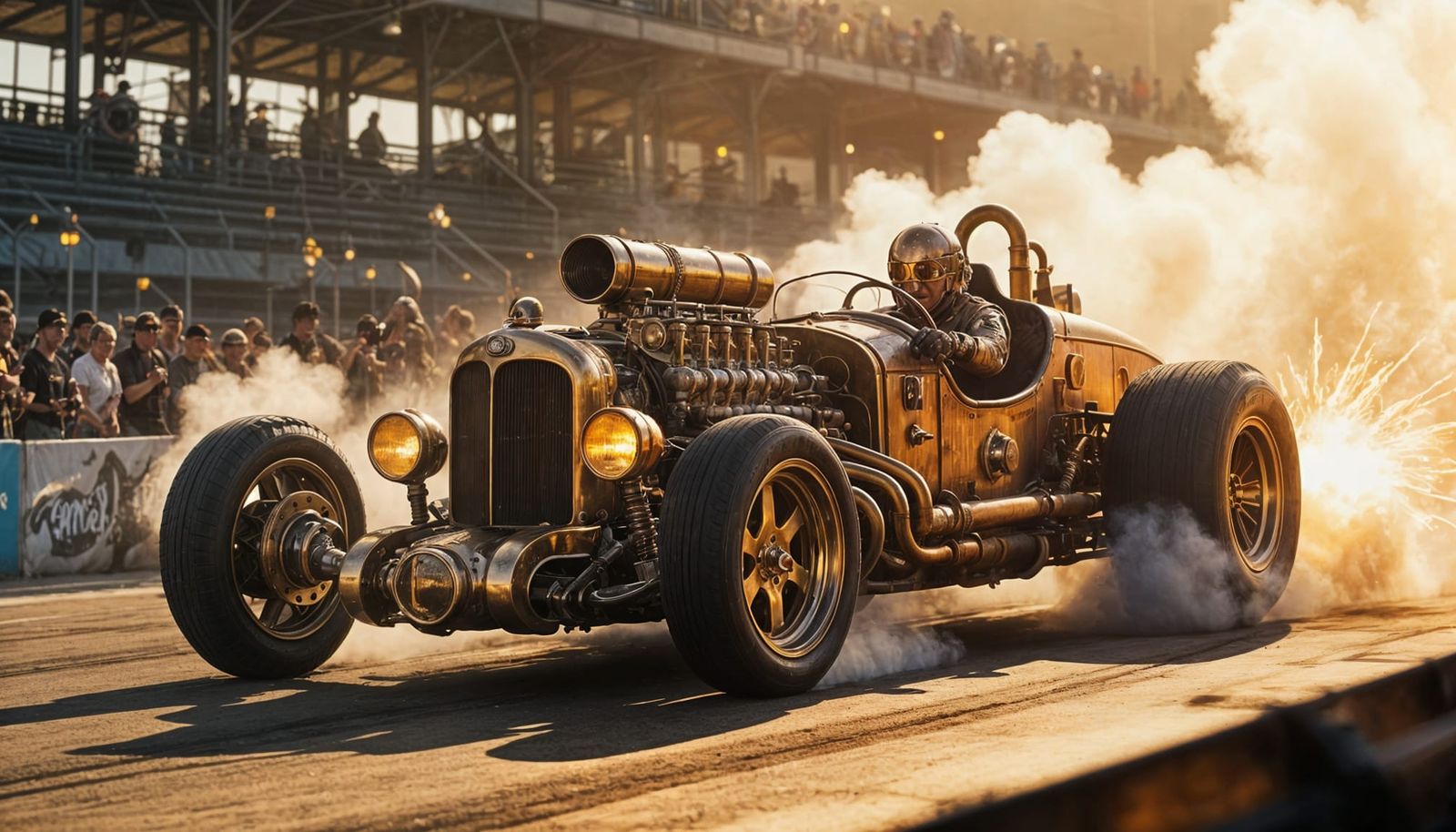 Steampunk Dragster Revving at Race Start