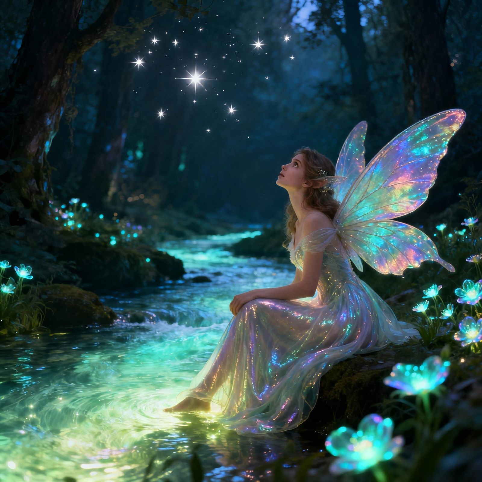 Fairy Counting Stars by Glowing River in Bioluminescent Fore...
