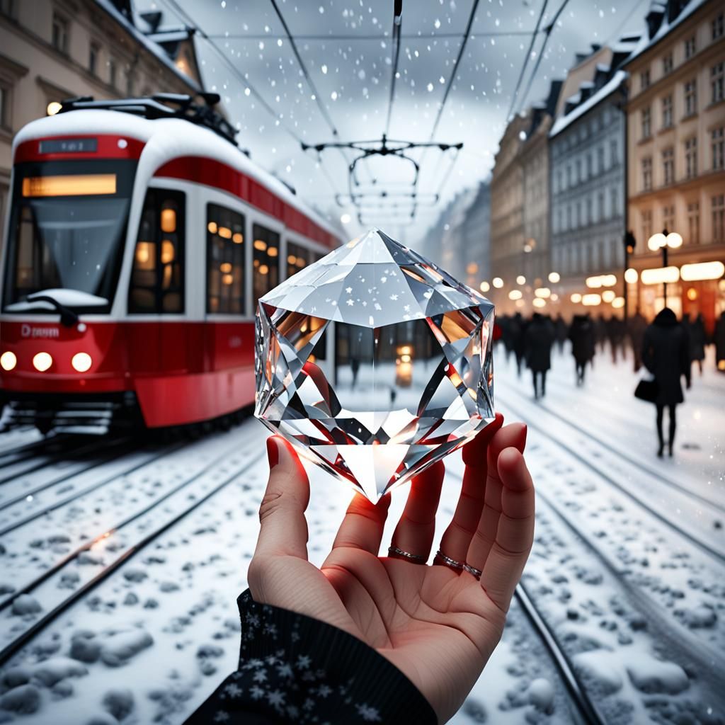 Winter Wonder in Snowy Czech Square with Diamond Glow