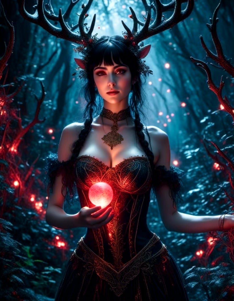 Antlered Woman with Glowing Eyes in Pen and Ink