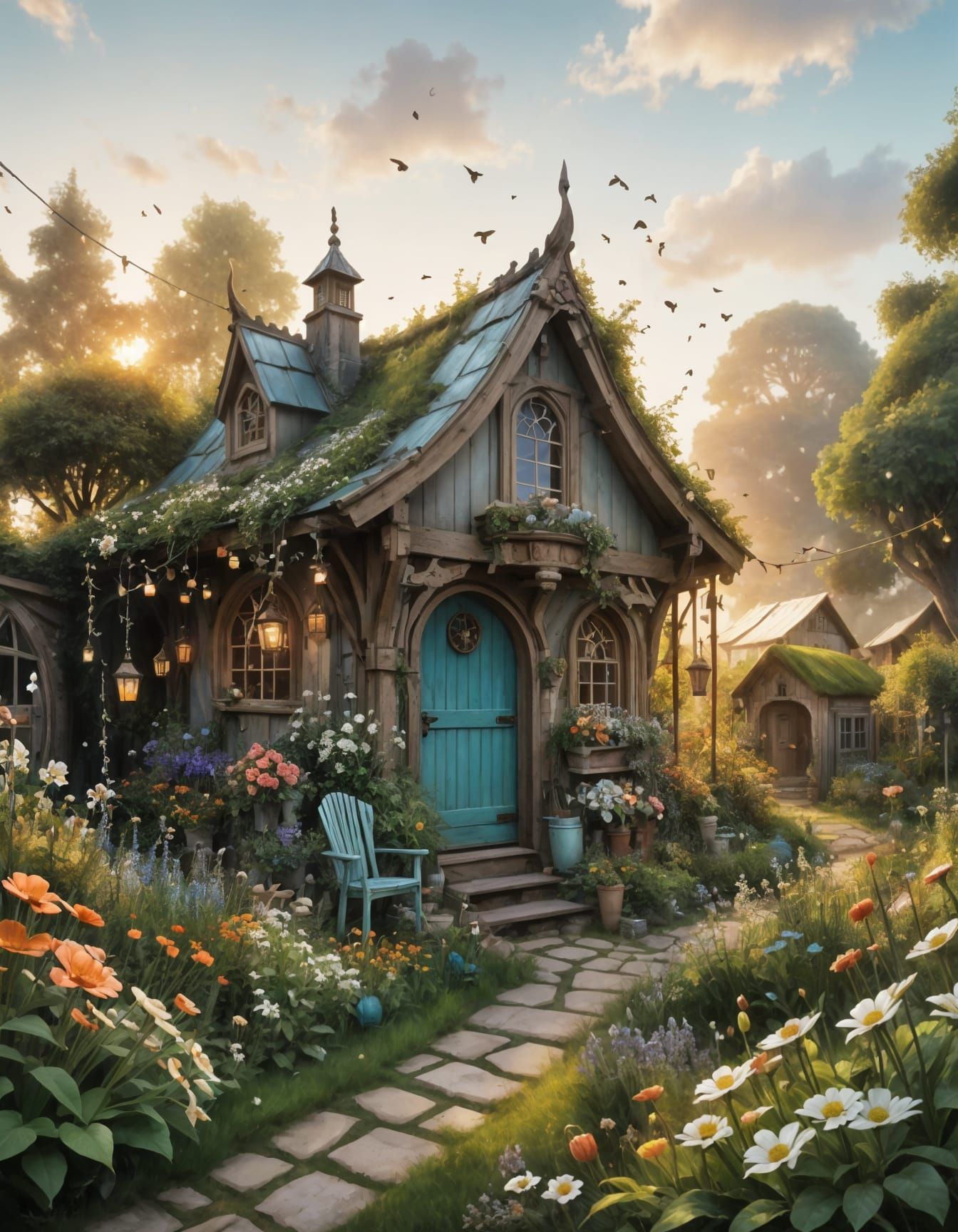 Enchanted Potting Shed in Flower Field at Sunset
