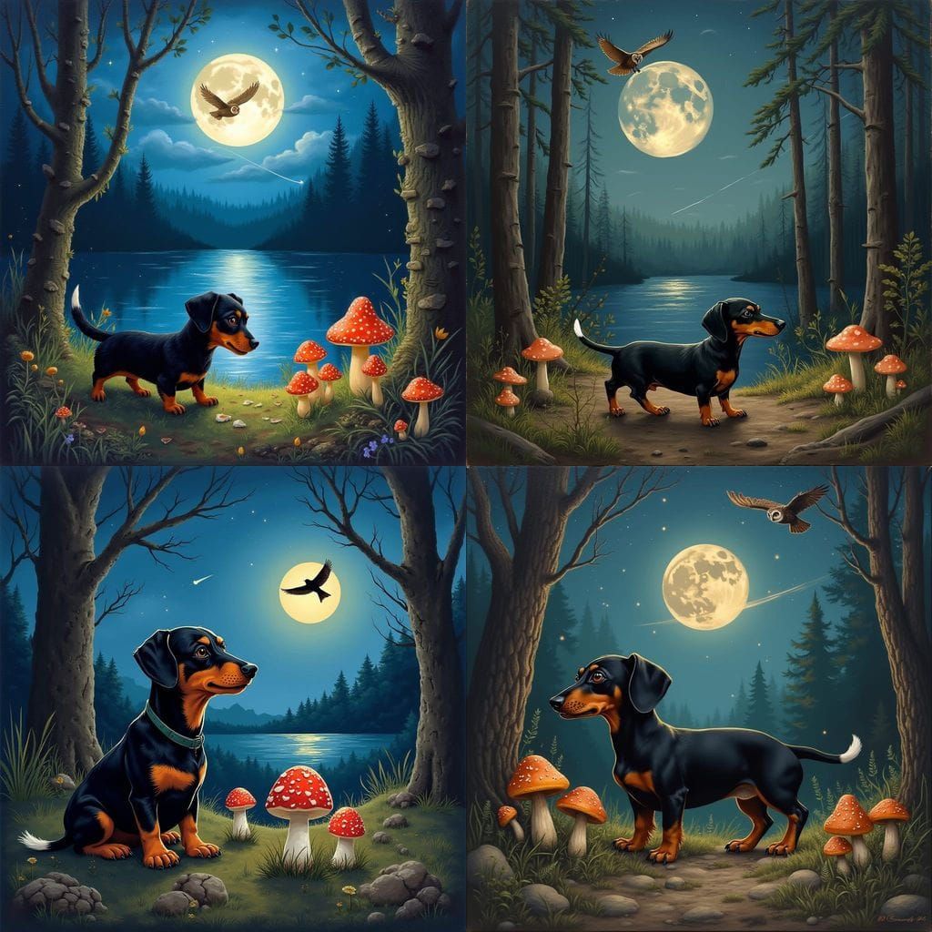 Mini Dachshund Hunts Mushrooms Under Full Moon in Forest