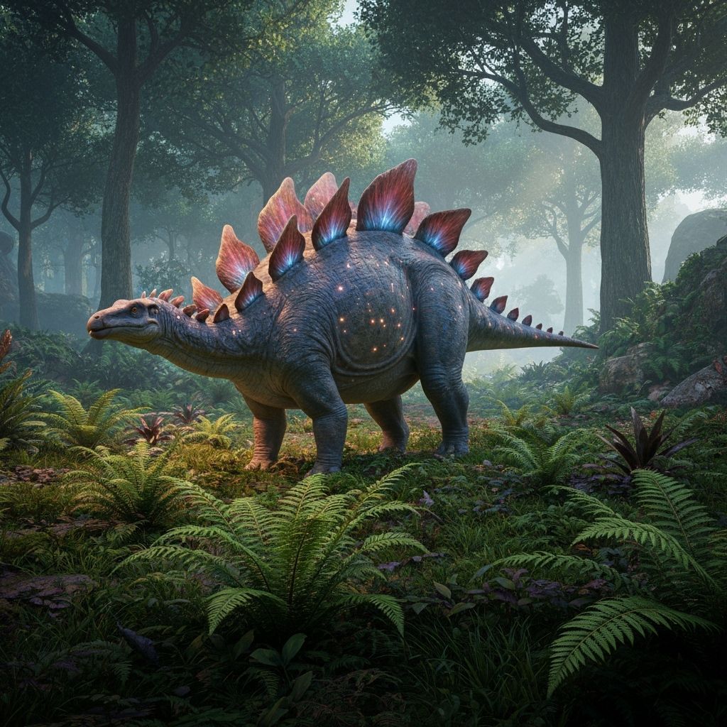 Bioluminescent Stegosaurus in Jurassic Forest: 3D Anime Art