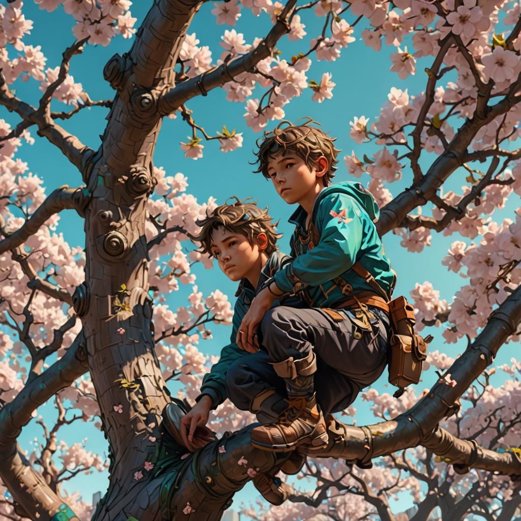 Boy Climbing Cherry Blossom Tree, Detailed Art