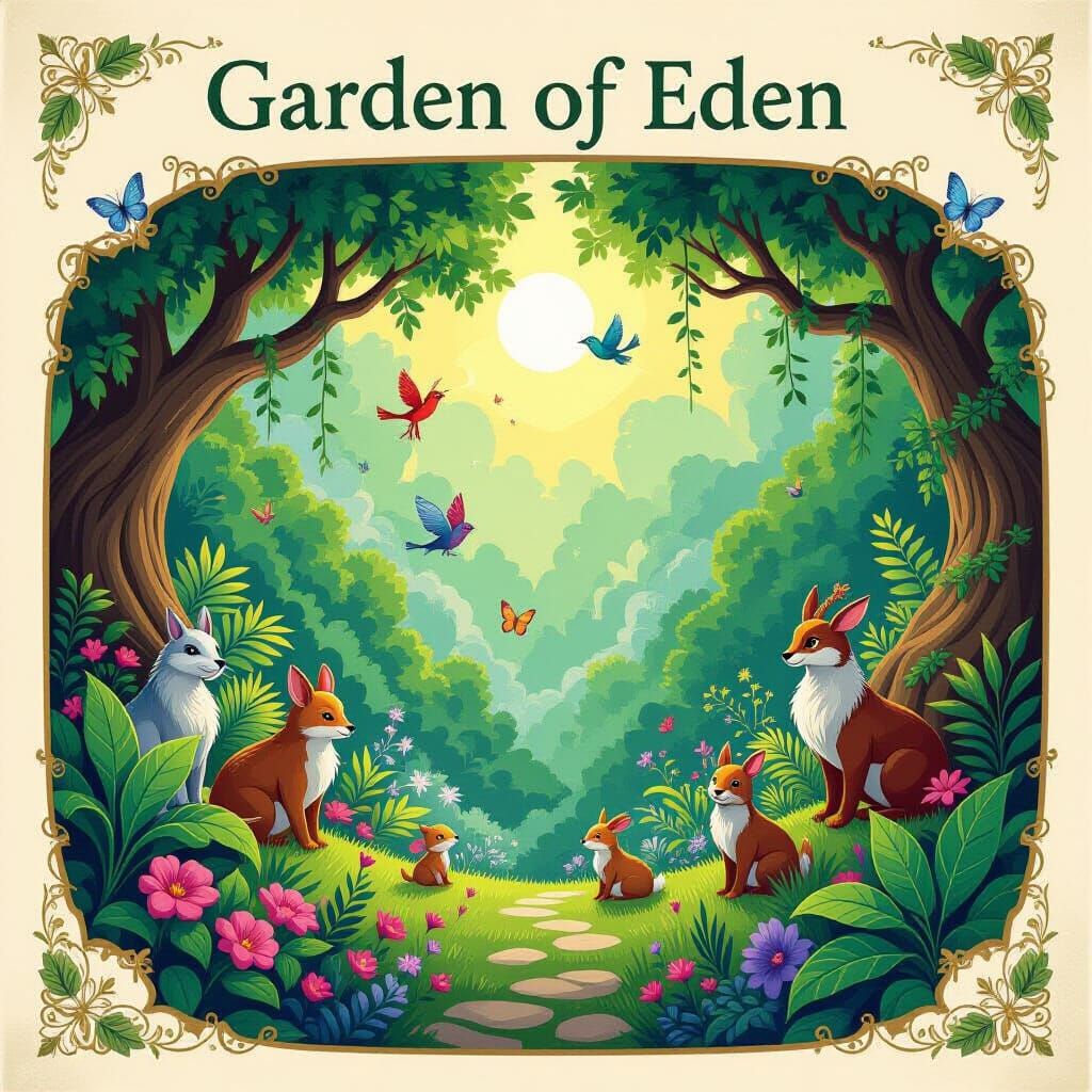 Enchanted Garden of Eden with Mythical Creatures