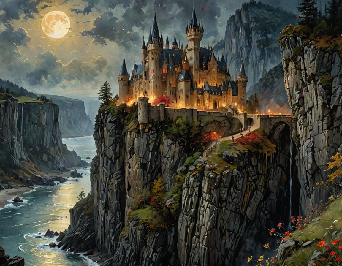 Majestic Castle Under Bloodmoon in Digital Watercolor