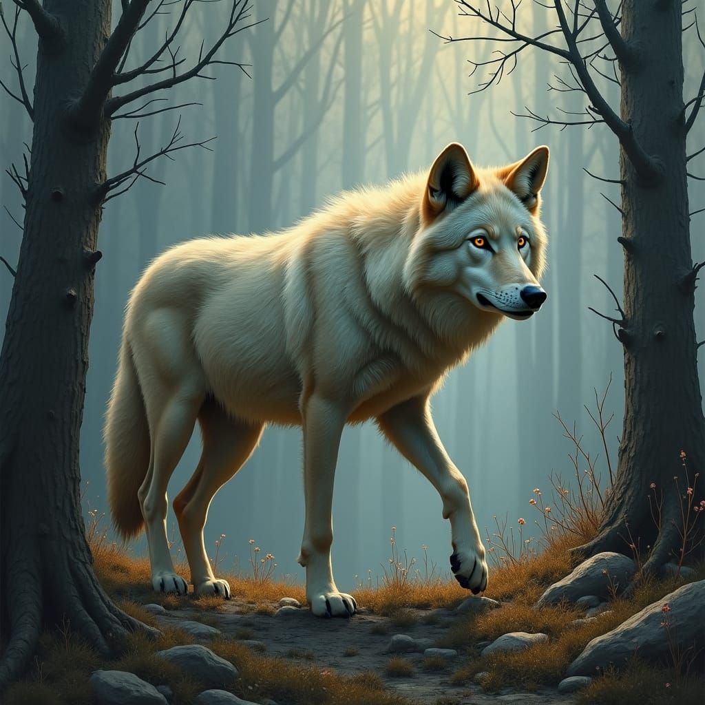 Grey Wolf in Mountain Forest in Dark Realism Style