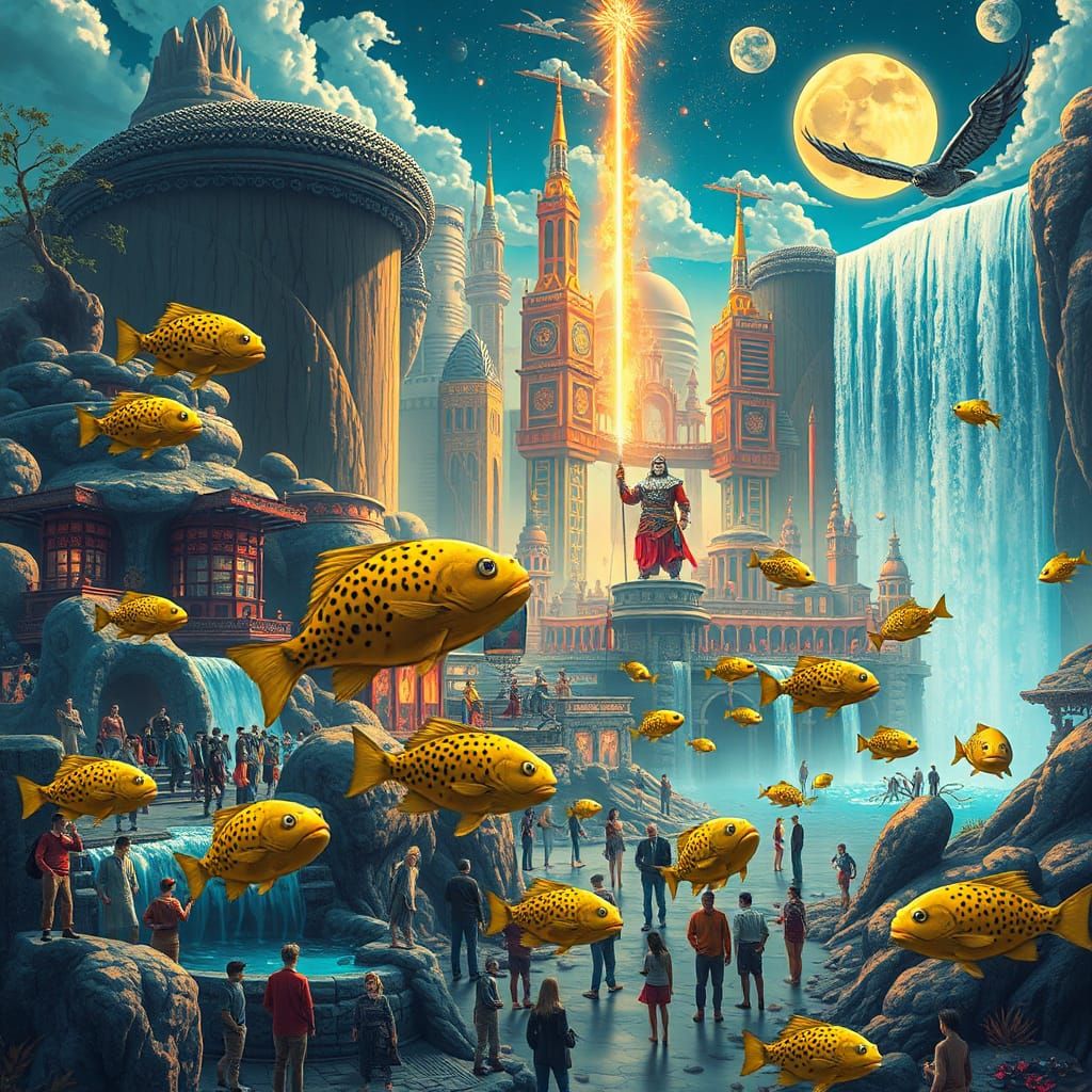 Surreal Cityscape with Leopard Fish and Eternal Waterfall
