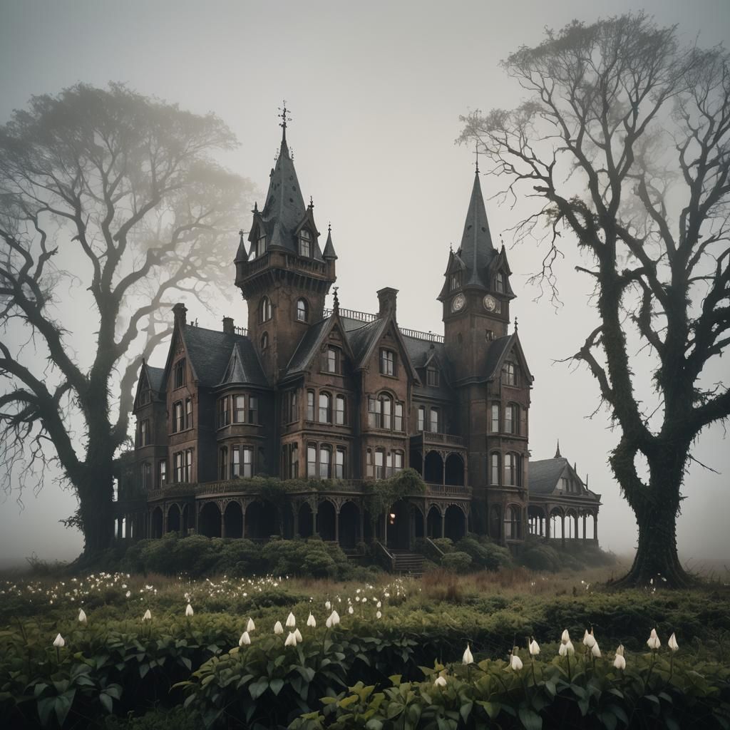 Misty Victorian Hotel on Desolate Moor: Gothic Architecture