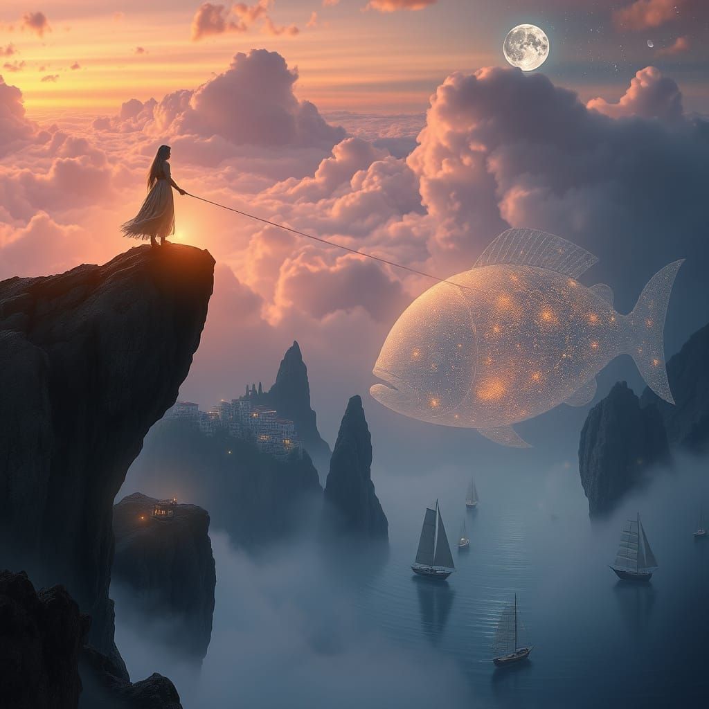 Ethereal Figure Casts Line into Cloud Sea at Sunrise