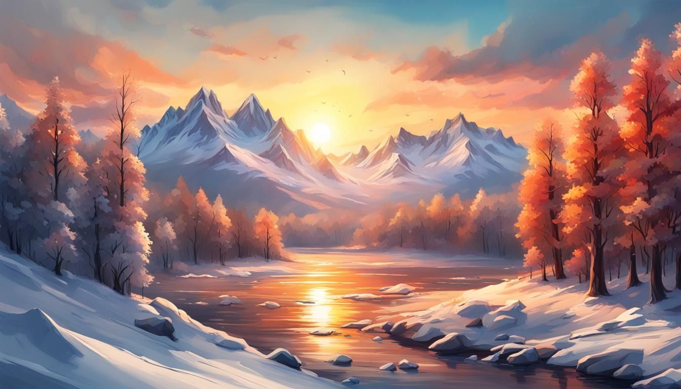 Hyperrealistic Winter Sunset Mountain Scene
