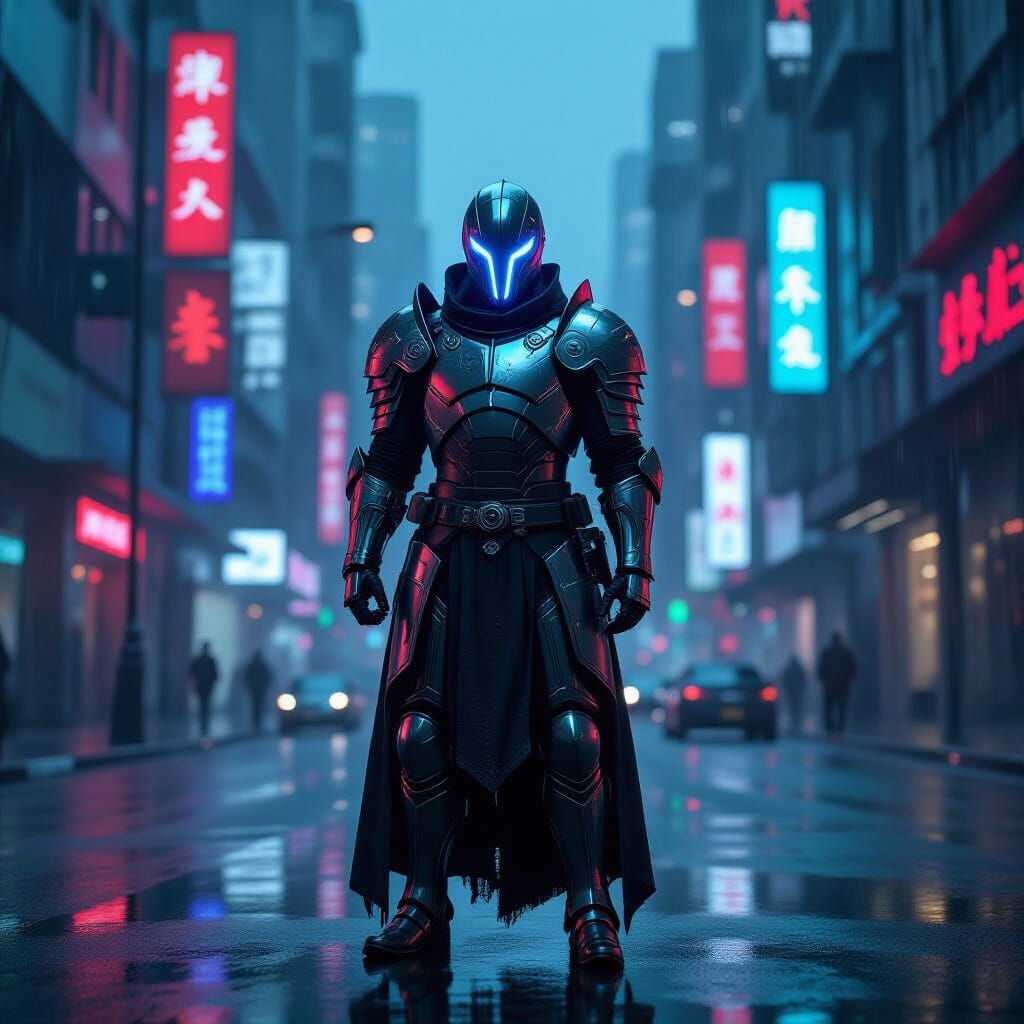 Futuristic Knight in Neon Cyberpunk Metropolis