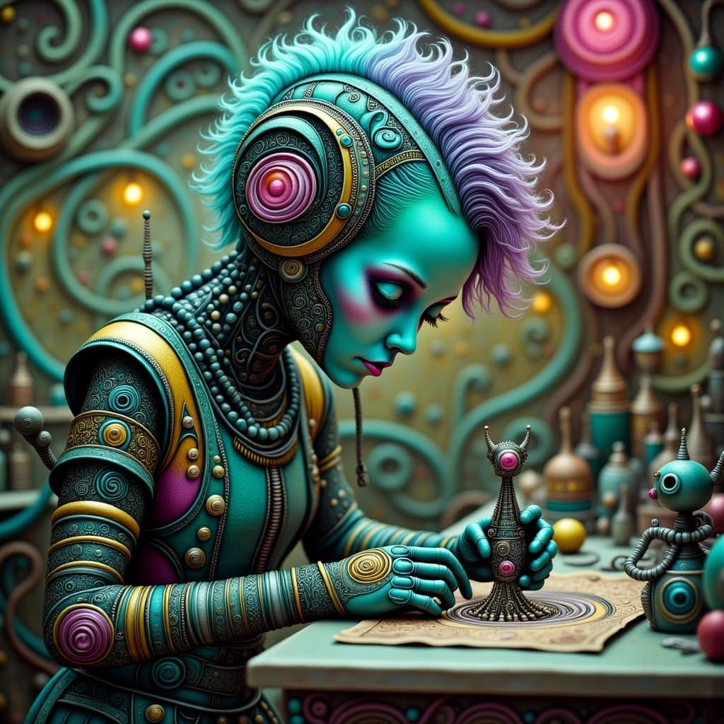 Cyberpunk Orc Clockmaker Cyborg with Iridescent Mohawk