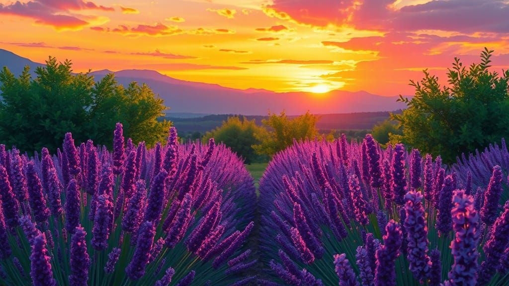Un paisaje de amanecer en los cultivos de lavanda