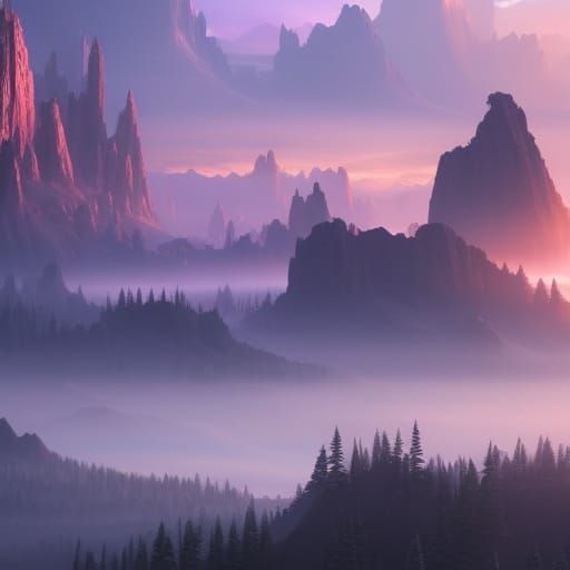 Purple Sunset Over High Fantasy Mountain Range