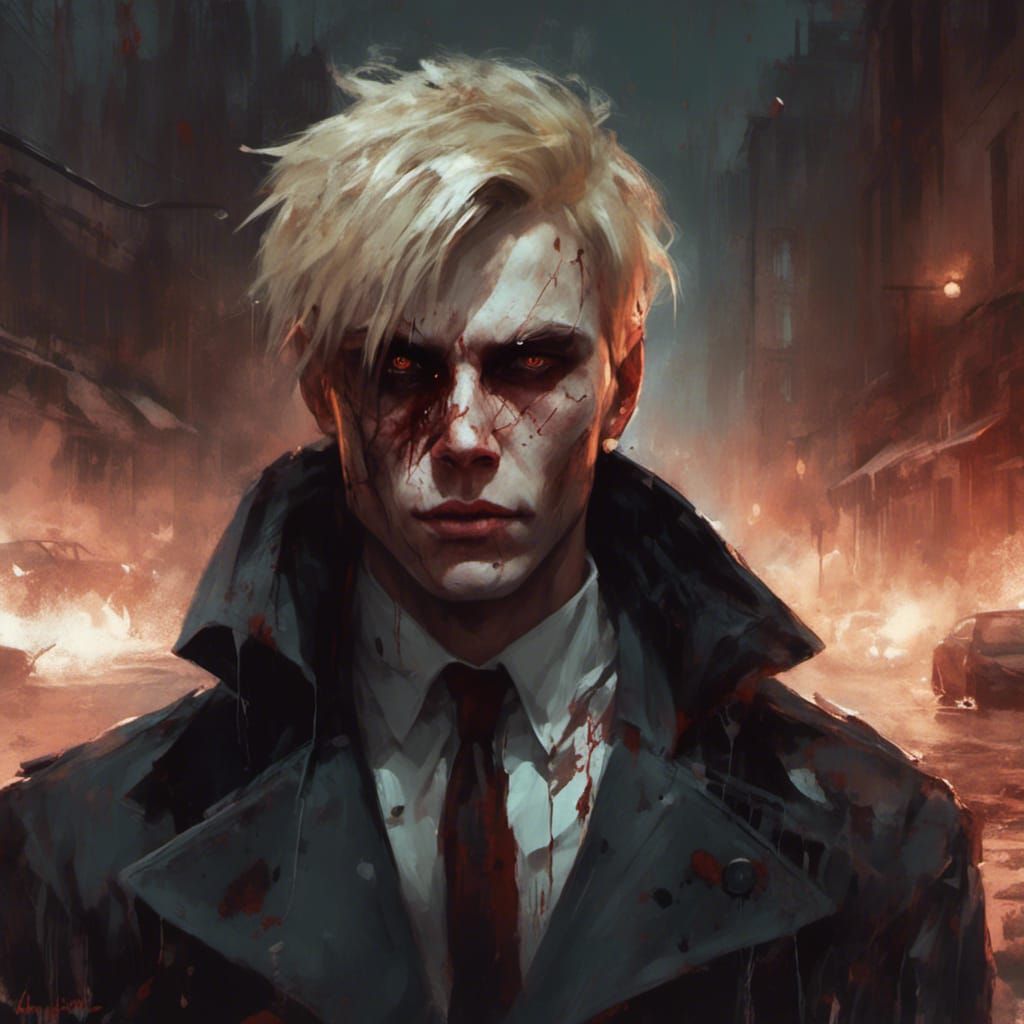 Crazed Blonde Man in Damaged City, Macabre Portrait