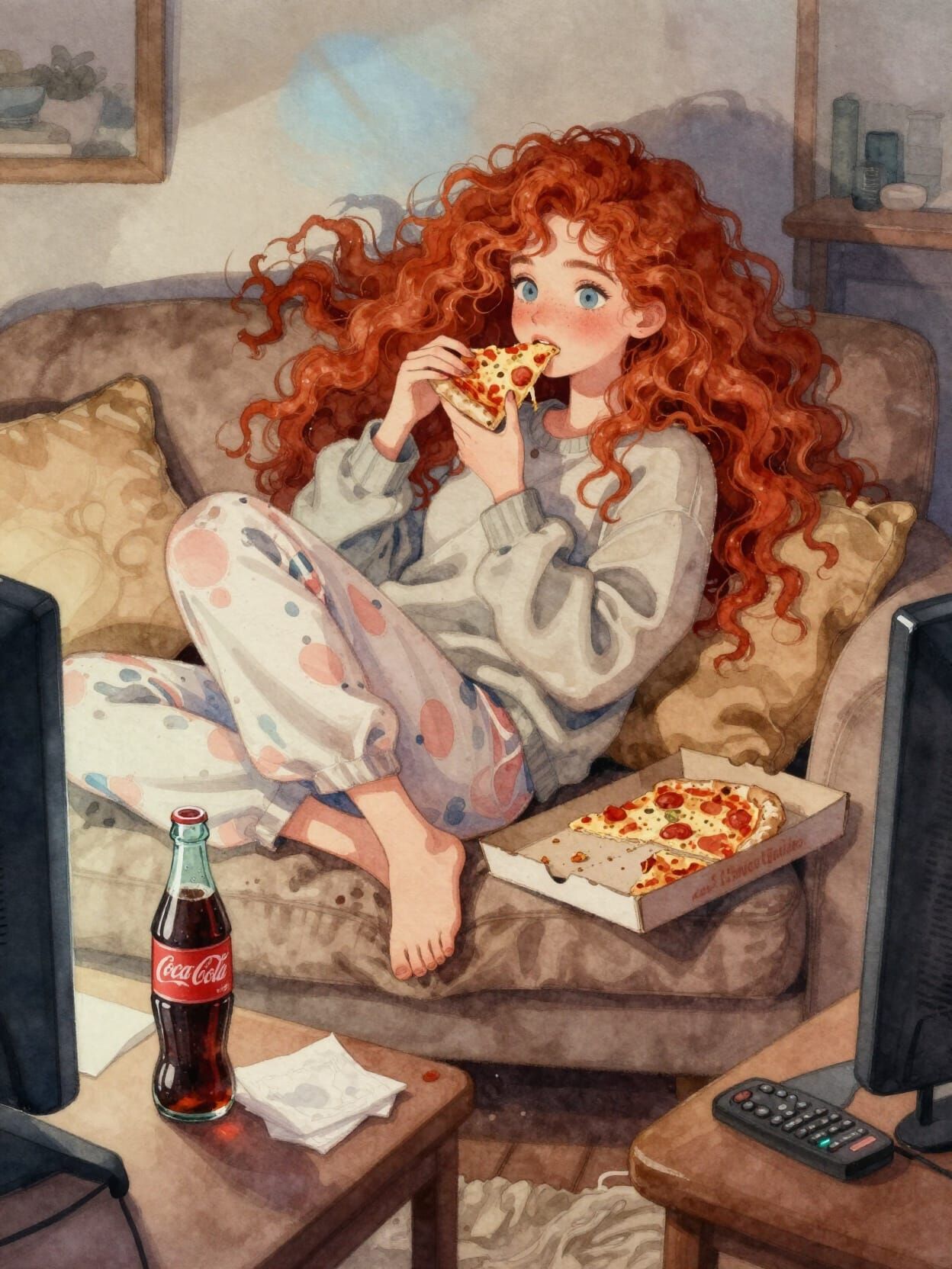 Cozy Woman Relaxing on Couch with Pizza and Coca-Cola
