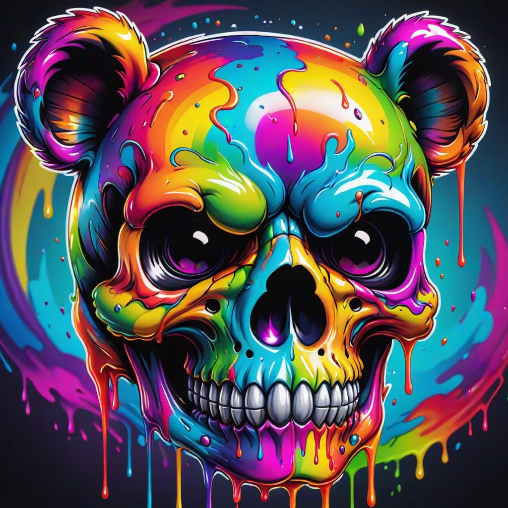 Evil Teddy Bear Skull Tattoo in Lisa Frank Style