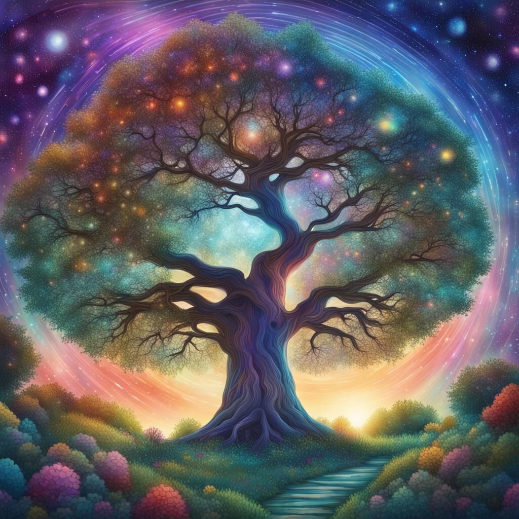Galaxy Through Tree: Holographic Astral Illustration