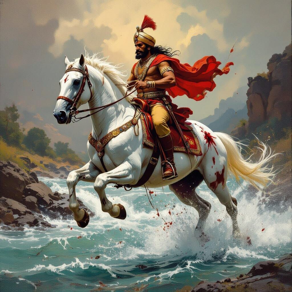 Warrior on White Horse Leaping River in Dramatic Style